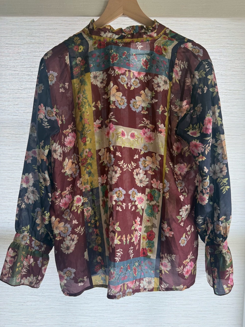 Johnny Was Laurie Silk Milan Blouse Red Burgundy Button Down Semi Sheer Size M - Picture 3 of 8